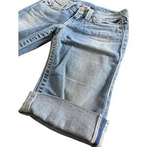 True Religion World Tour Sofie Bermuda Shorts Size 26 x 14 Denim Zip Logo Rolled